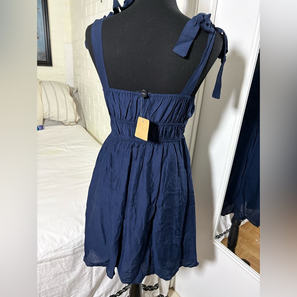 Bohemian Navy Blue Mini Dress with Lace and Ties - New Size S - Picture 5 of 9